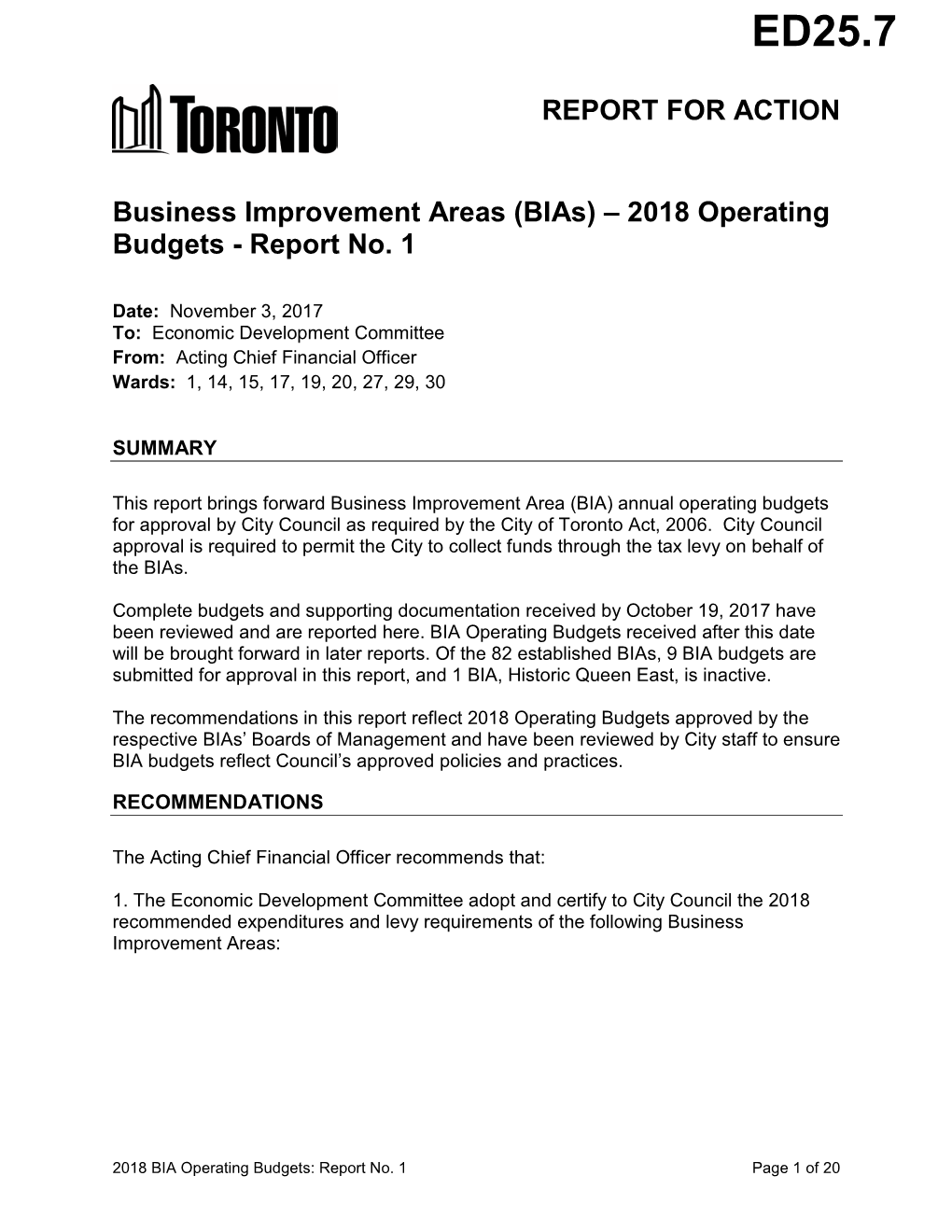 Business Improvement Areas (Bias) – 2018 Operating Budgets - Report No