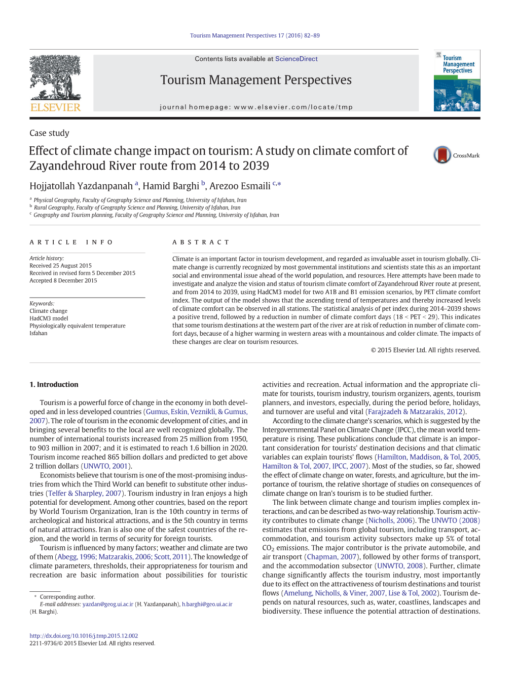 Effect of Climate Change Impact on Tourism: a Study on Climate Comfort of Zayandehroud River Route from 2014 to 2039