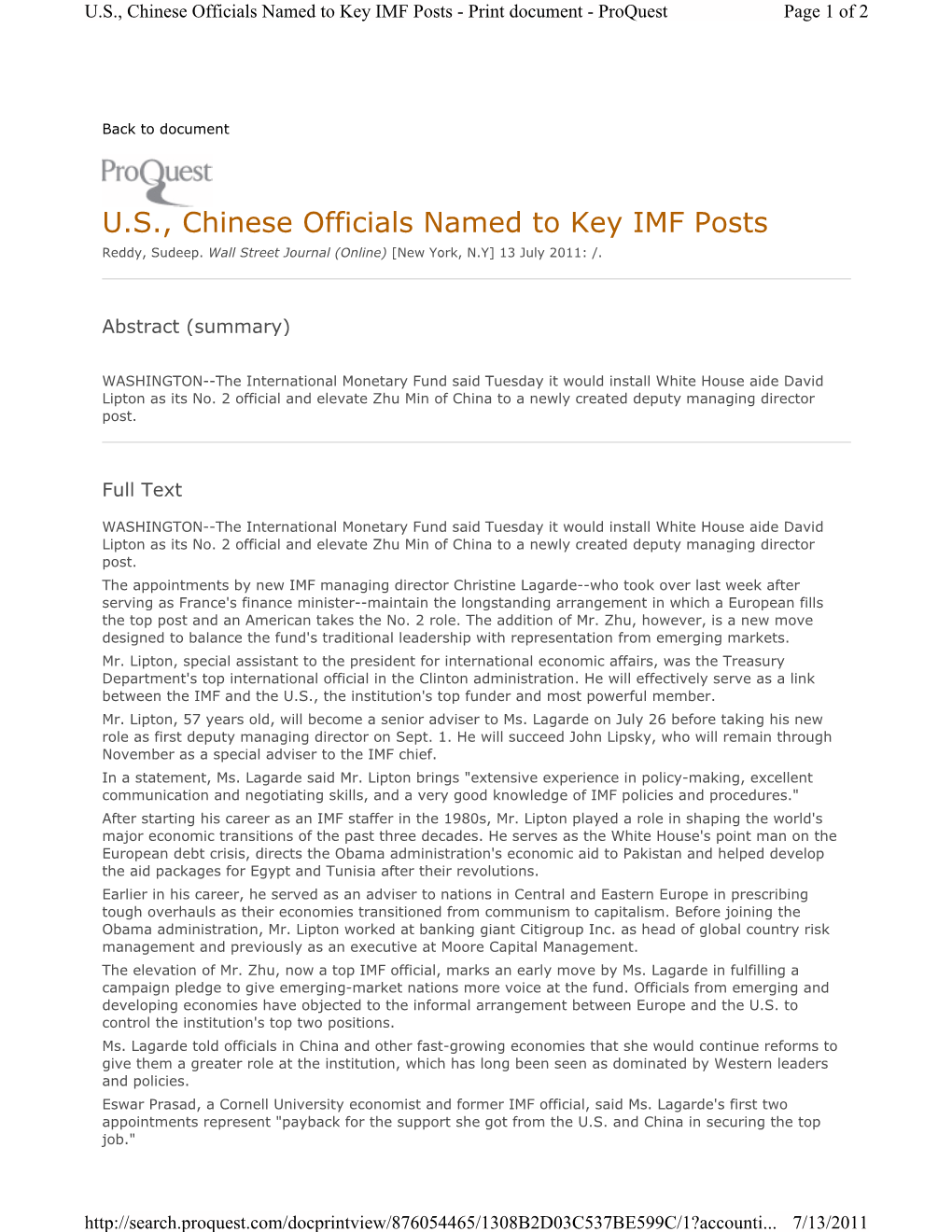 U.S., Chinese Officials Named to Key IMF Posts - Print Document - Proquest Page 1 of 2