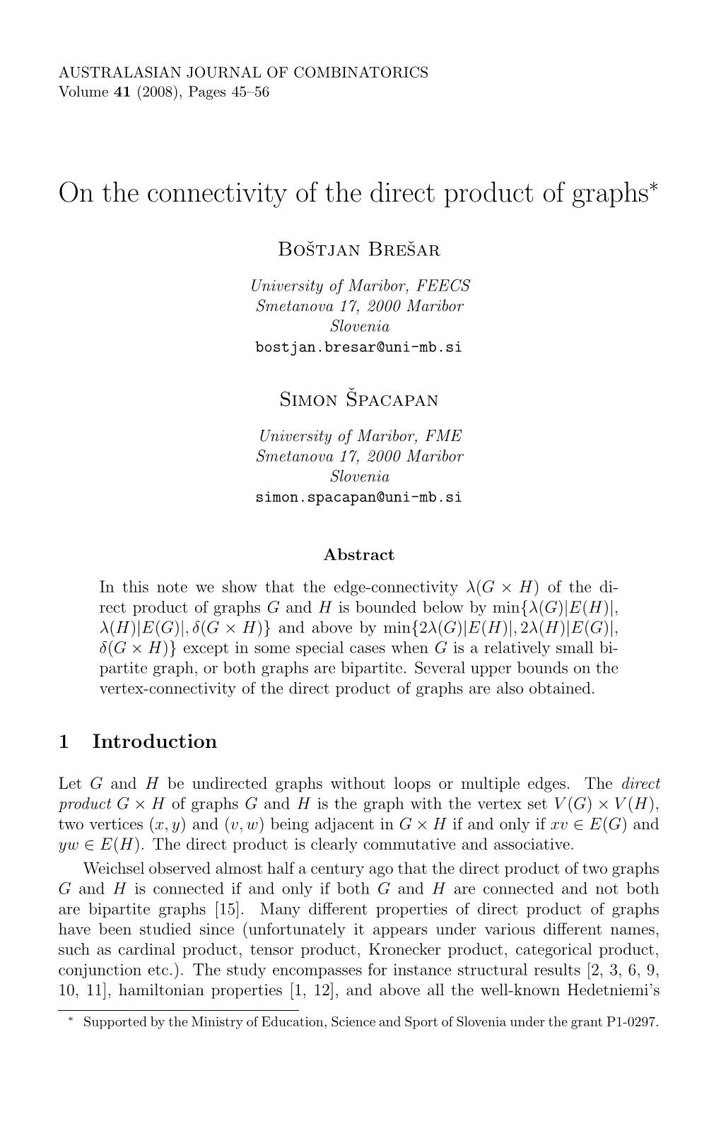 On the Connectivity of the Direct Product of Graphs∗