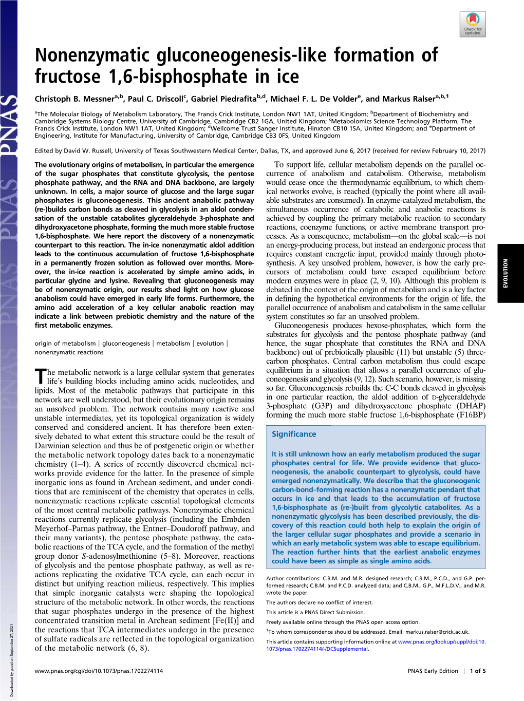 Nonenzymatic Gluconeogenesis-Like Formation of Fructose 1,6-Bisphosphate in Ice