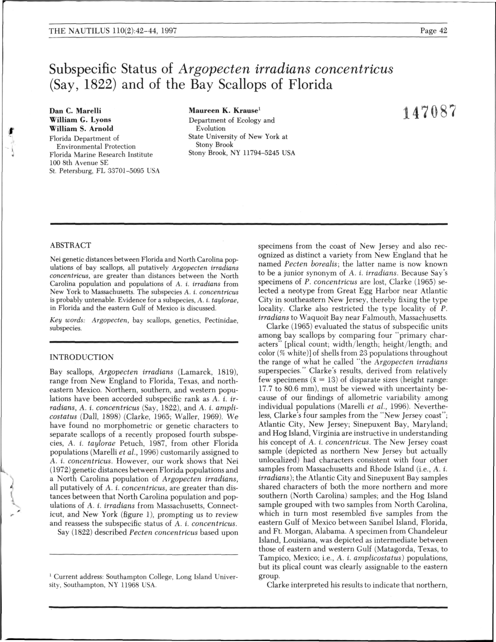 Subspecific Status of Argopecten Irradians Concentricus (Say, 1822) and of the Bay Scallops of Florida