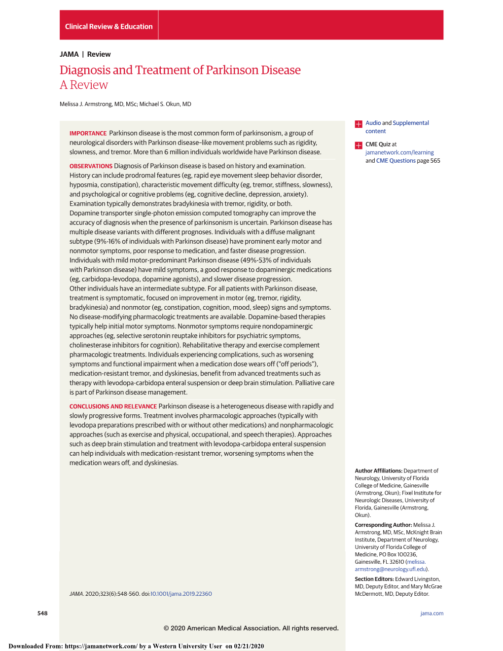 Diagnosis and Treatment of Parkinson Disease: a Review Review Clinical Review & Education