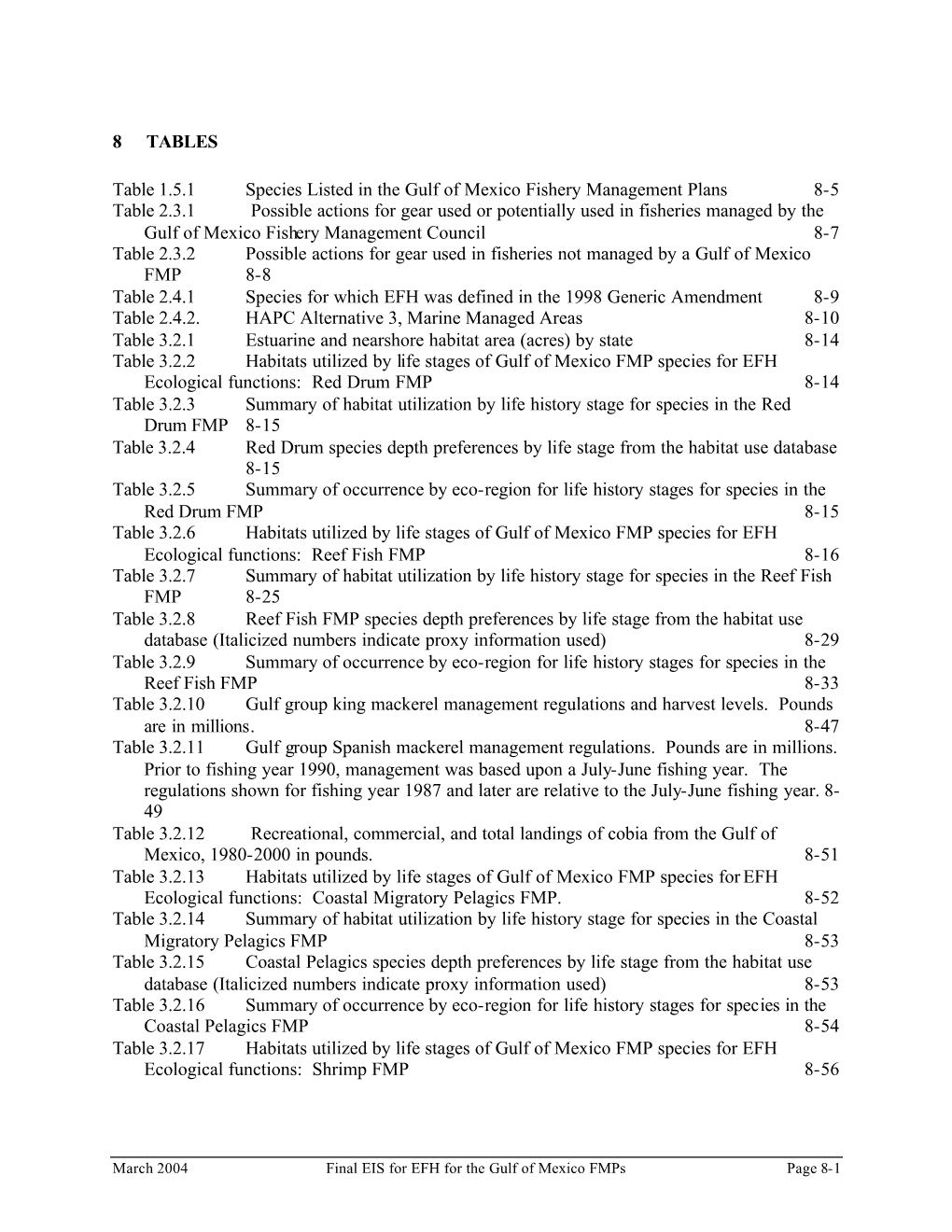 March 2004 EFH EIS Section 8 – Tables