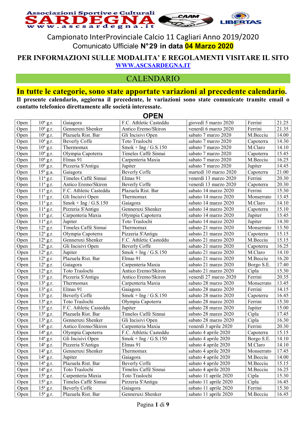 Campionato Interprovinciale Calcio 11 Cagliari Anno 2019/2020 Comunicato Ufficiale N° 2 9 in Data 04 Marzo 2020