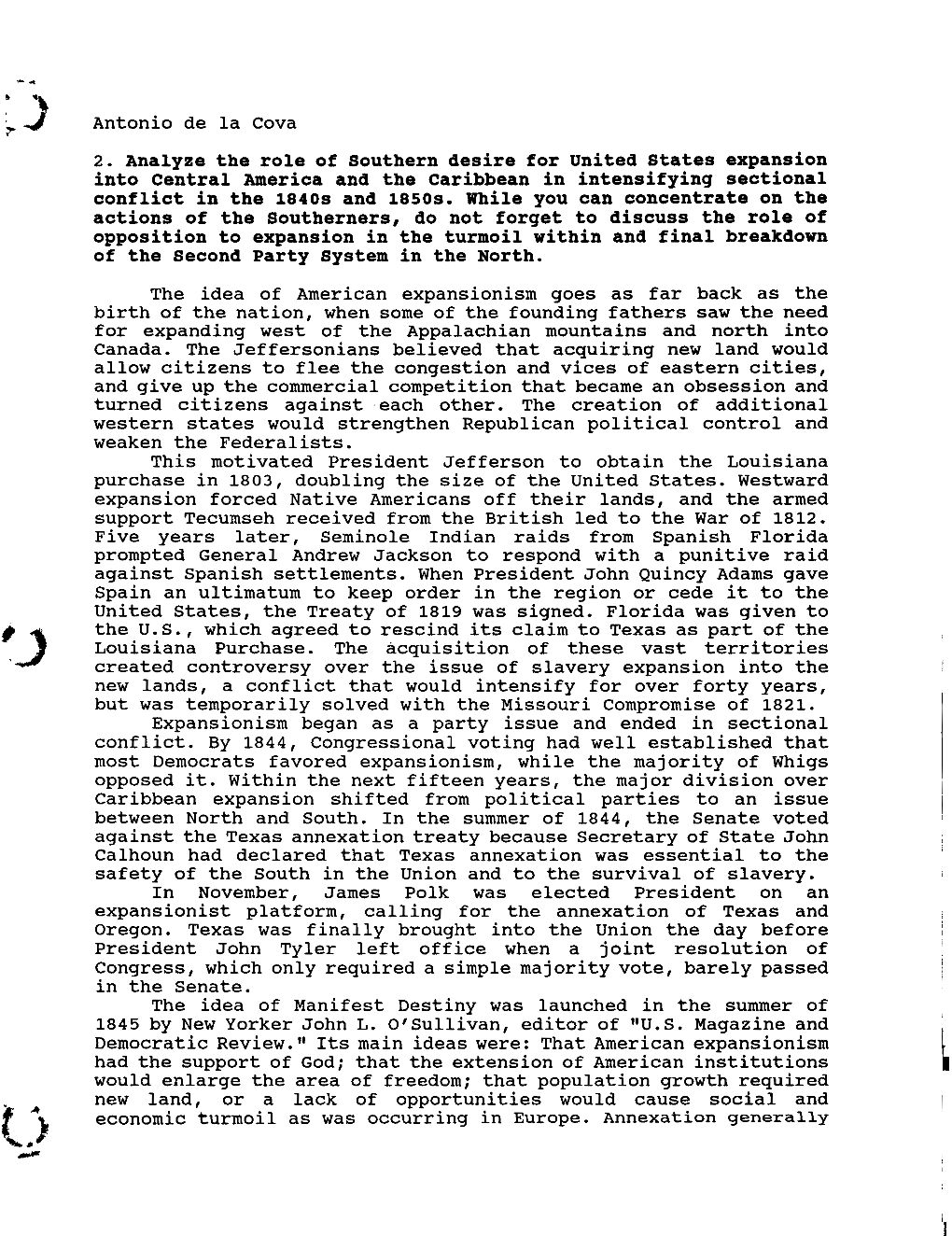 Antonio De La Cova 2. Analyze the Role of Southern Desire for United States Expansion Into Central America and the Caribbean In