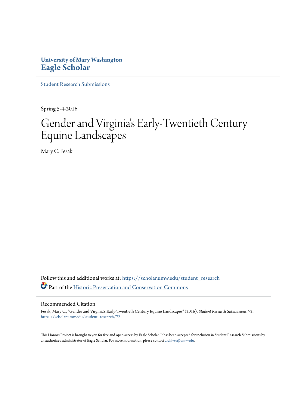 Gender and Virginia's Early-Twentieth Century Equine Landscapes Mary C
