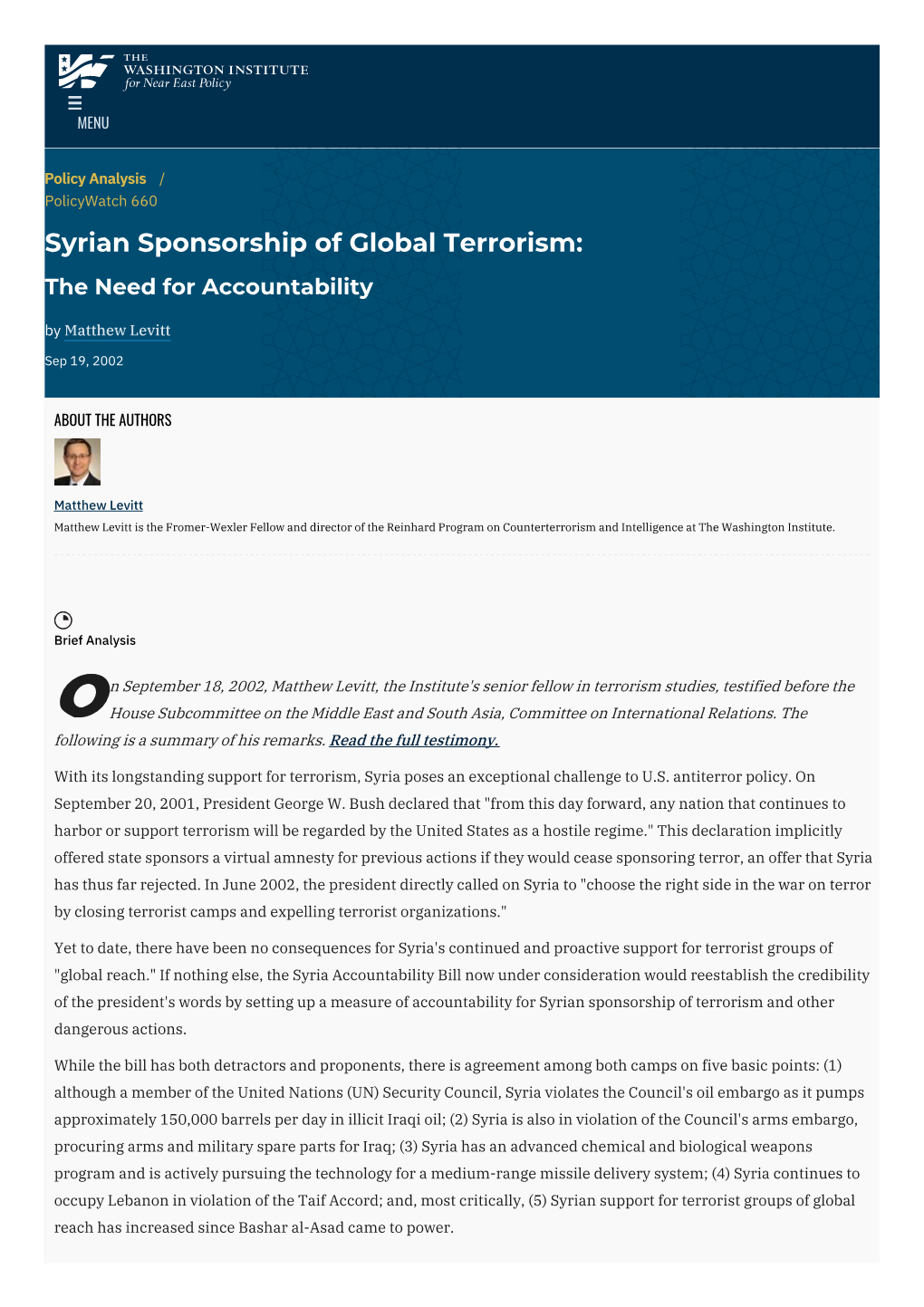 Syrian Sponsorship of Global Terrorism: the Need for Accountability by Matthew Levitt