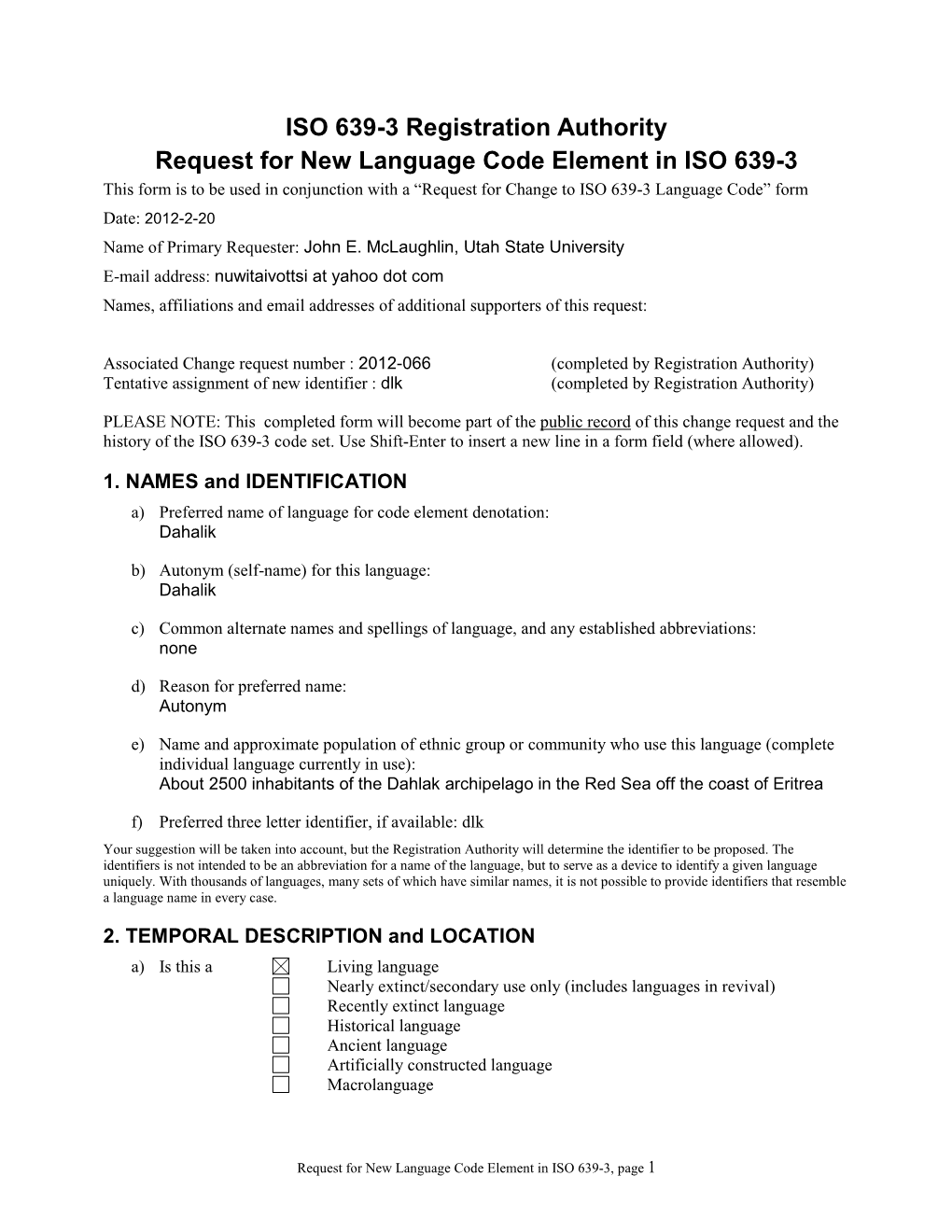 ISO 639-3 Registration Authority Request for New Language Code