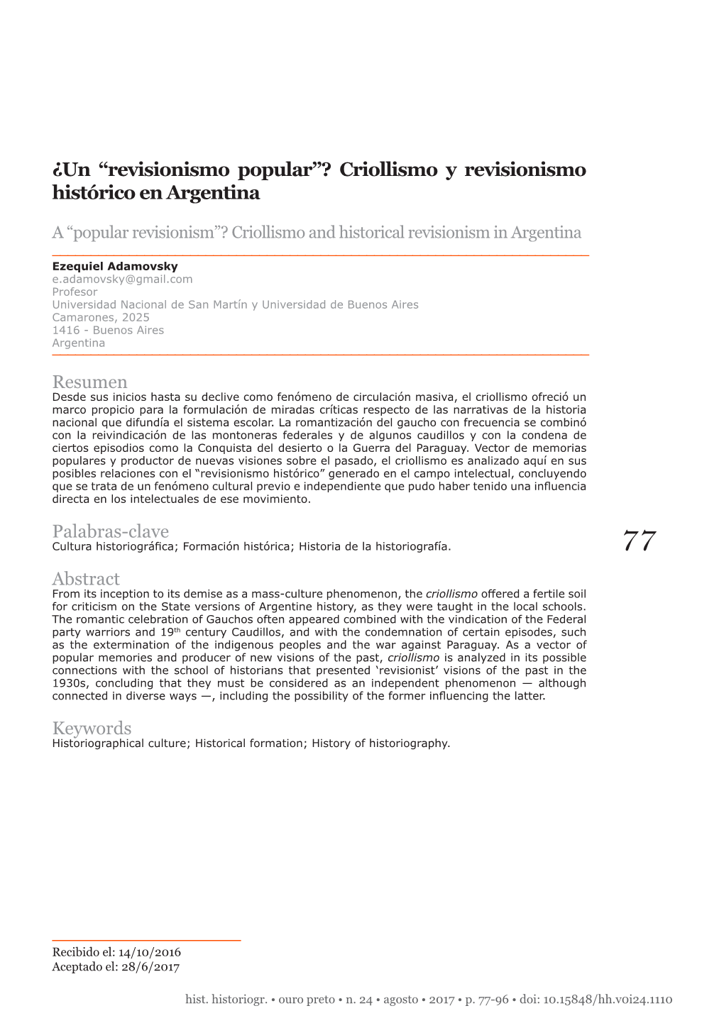 Criollismo Y Revisionismo Histórico En Argentina