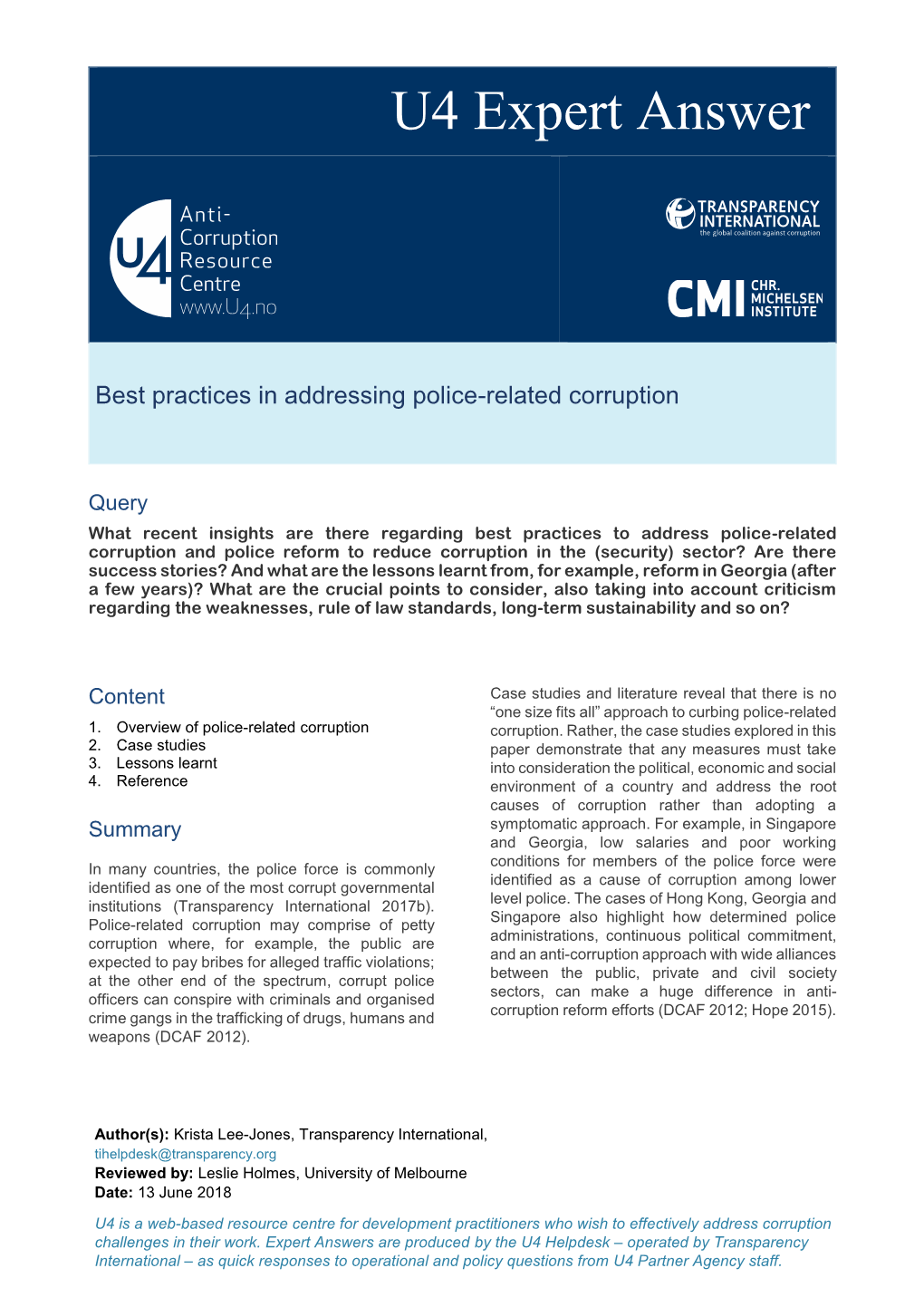 Best Practices in Addressing Police-Related Corruption