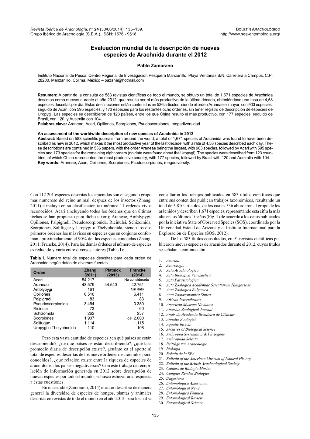 Evaluación Mundial De La Descripción De Nuevas Especies De Arachnida Durante El 2012