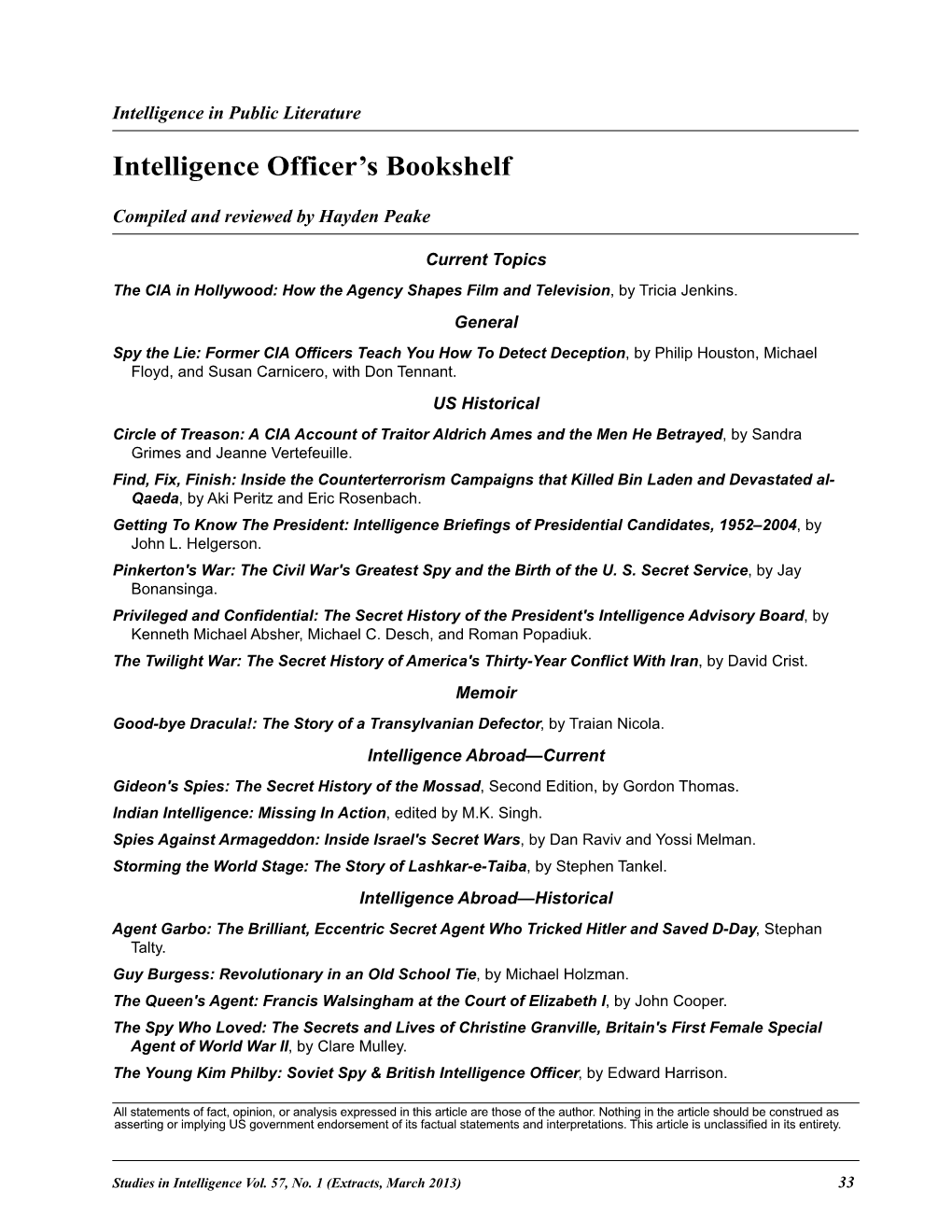 Intelligence Officer's Bookshelf, by Hayden B