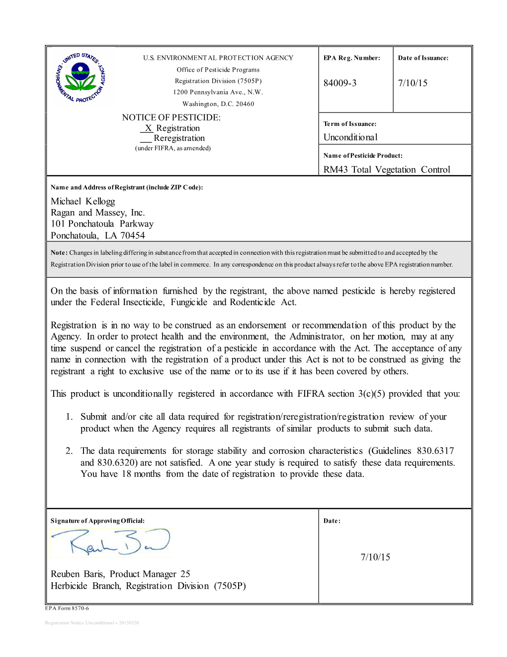 US EPA, Pesticide Product Label, RM43 TOTAL VEGETATION CONTROL,07/10/2015