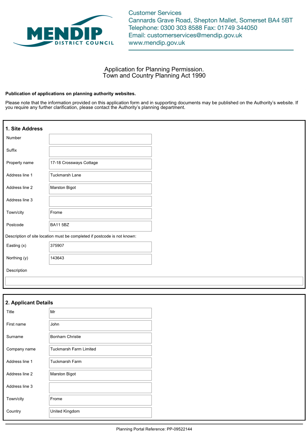 Application for Planning Permission. Town and Country Planning Act 1990