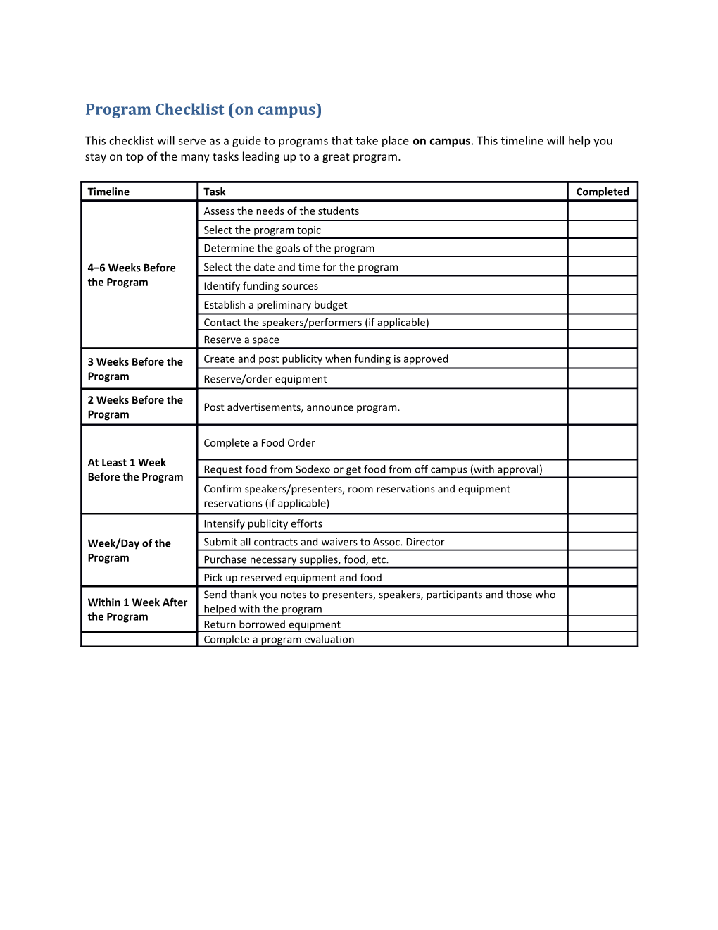 Program Checklist (Off Campus and Overnight)