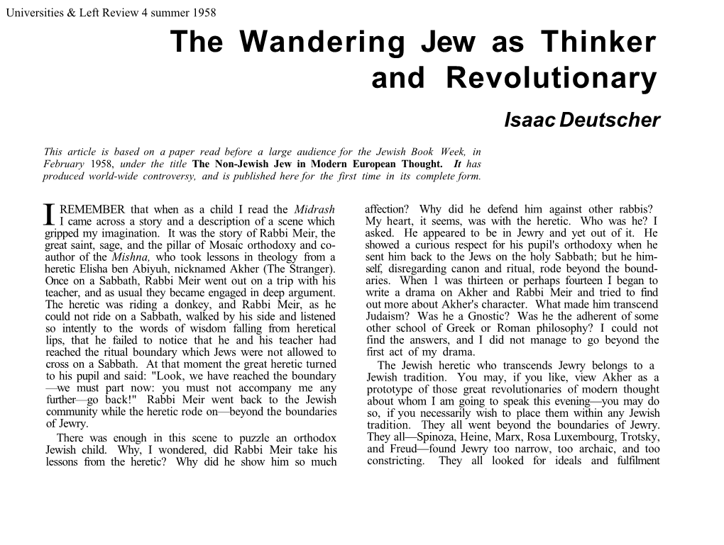 The Wandering Jew As Thinker and Revolutionary Isaac Deutscher