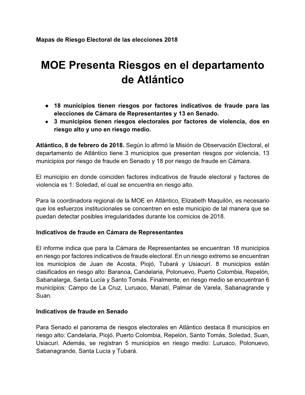 MOE Presenta Riesgos En El Departamento De Atlántico