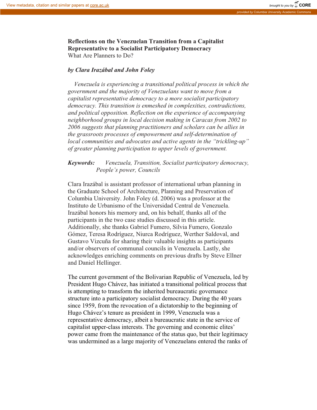 Reflections on the Venezuelan Transition from a Capitalist Representative to a Socialist Participatory Democracy What Are Planners to Do?