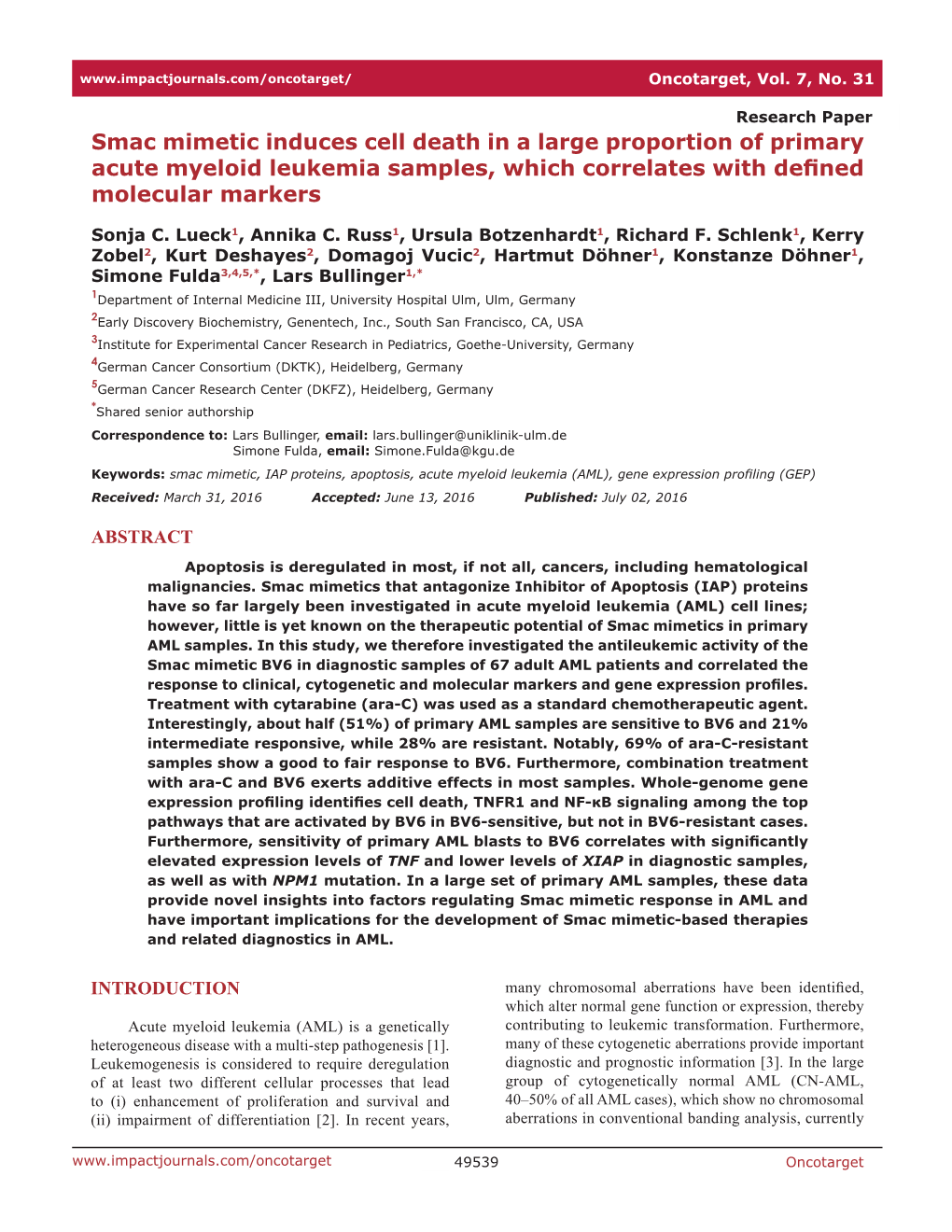 Smac Mimetic Induces Cell Death in a Large Proportion of Primary Acute Myeloid Leukemia Samples, Which Correlates with Defined Molecular Markers