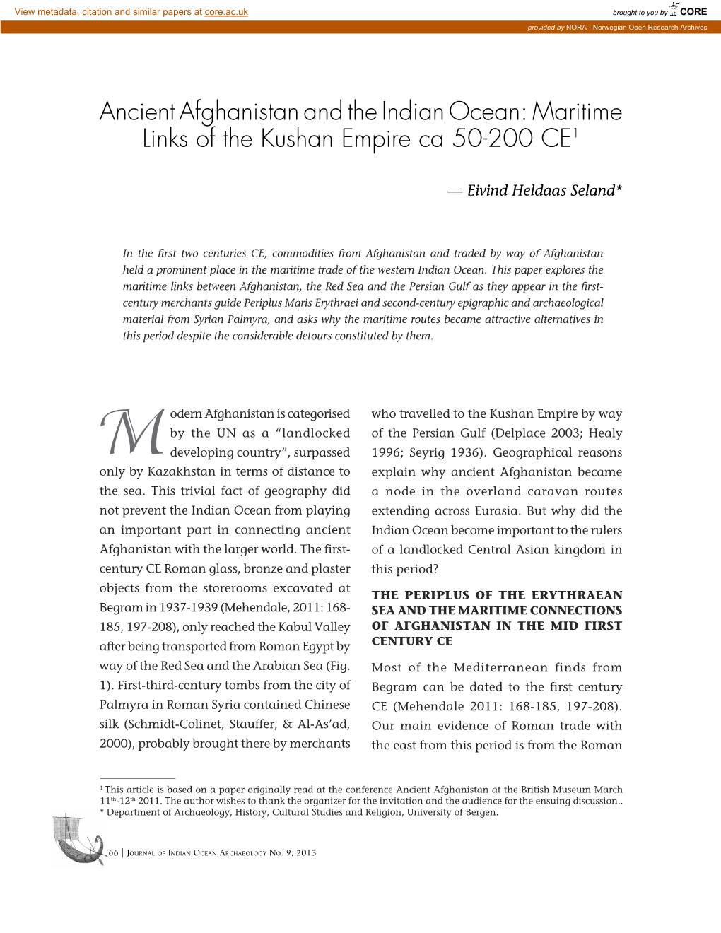 Ancient Afghanistan and the Indian Ocean: Maritime Links of the Kushan Empire Ca 50-200 CE1