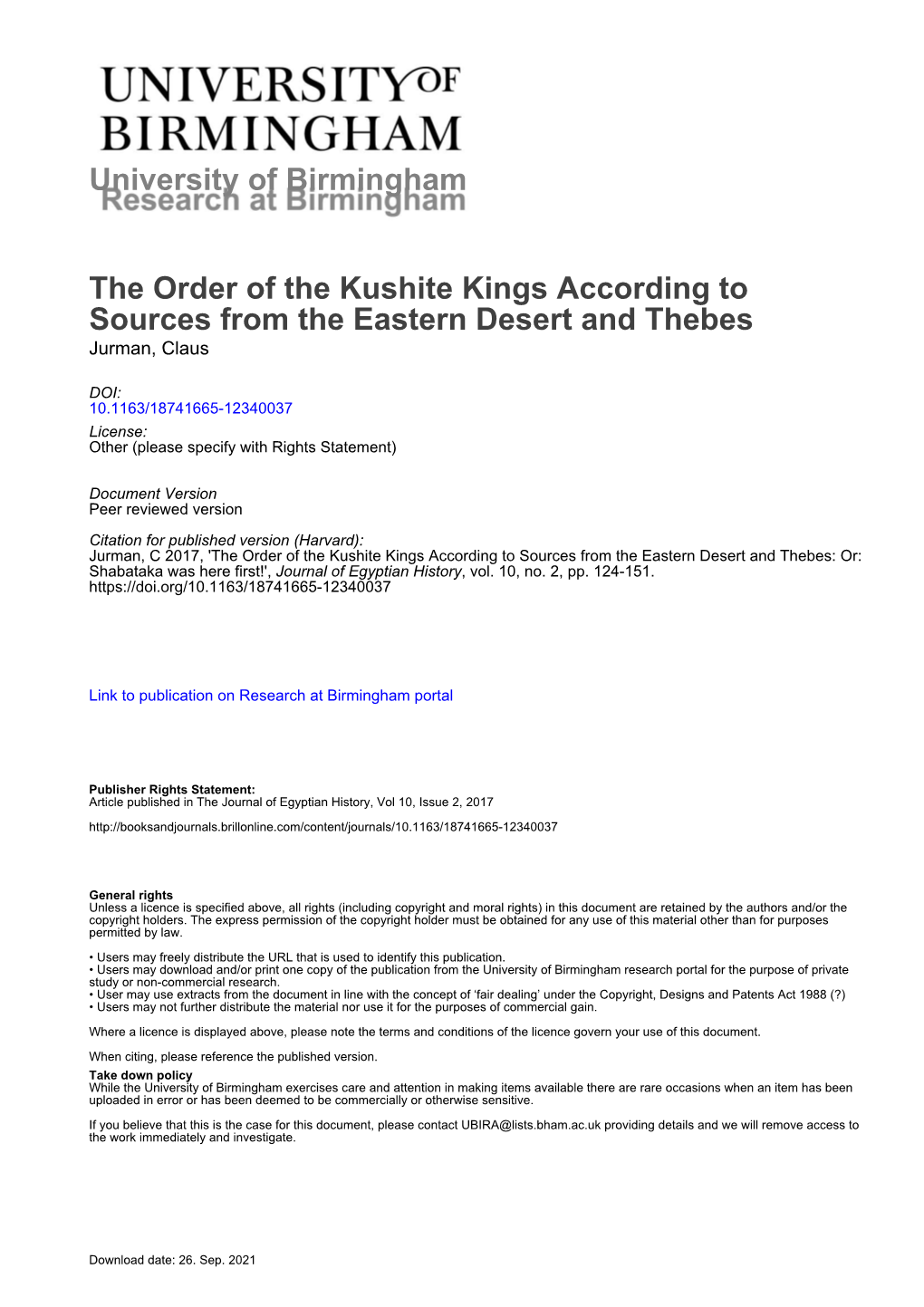 University of Birmingham the Order of the Kushite Kings According To