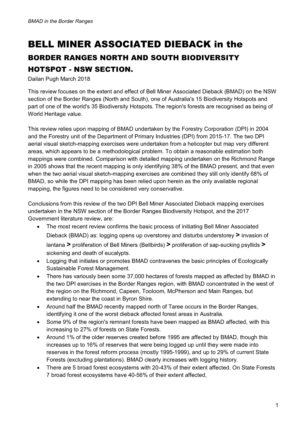 BELL MINER ASSOCIATED DIEBACK in the BORDER RANGES NORTH and SOUTH BIODIVERSITY HOTSPOT - NSW SECTION