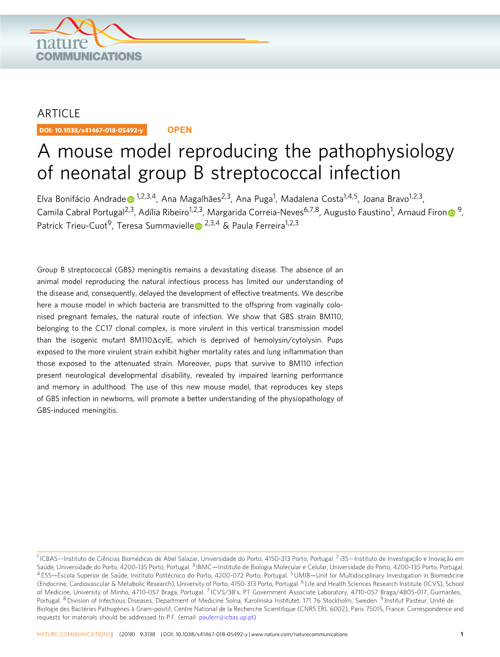 A Mouse Model Reproducing the Pathophysiology of Neonatal Group B Streptococcal Infection