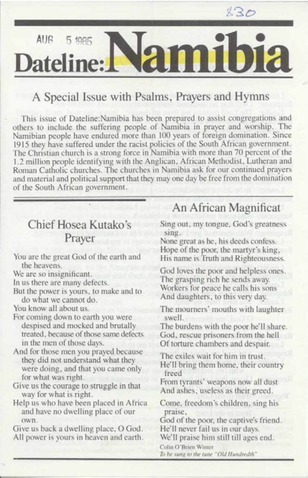 A Special Issue with Psalms, Prayers and Hymns Chief Hosea Kutako 'S