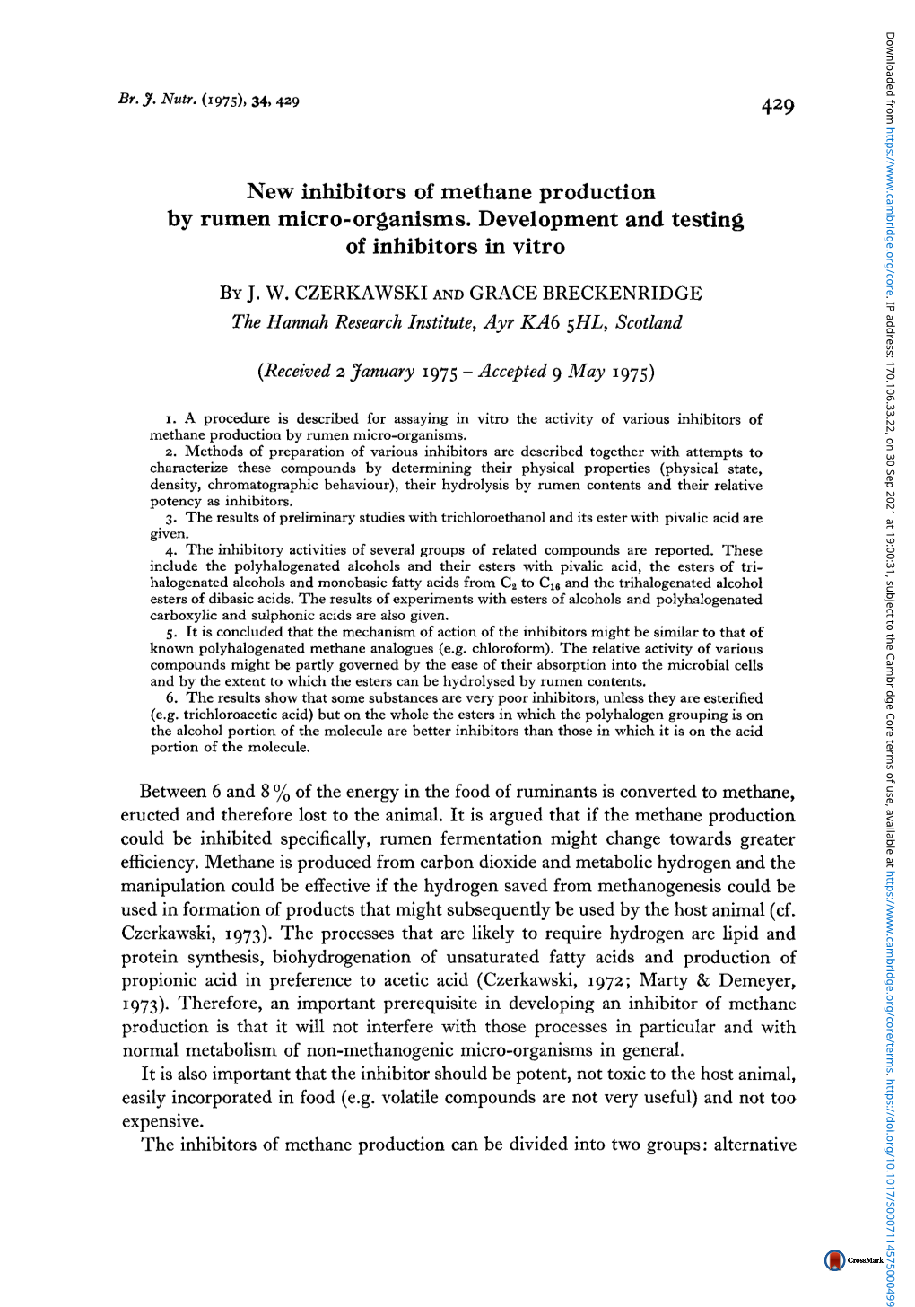 New Inhibitors of Methane Production by Rumen Micro-Organisms