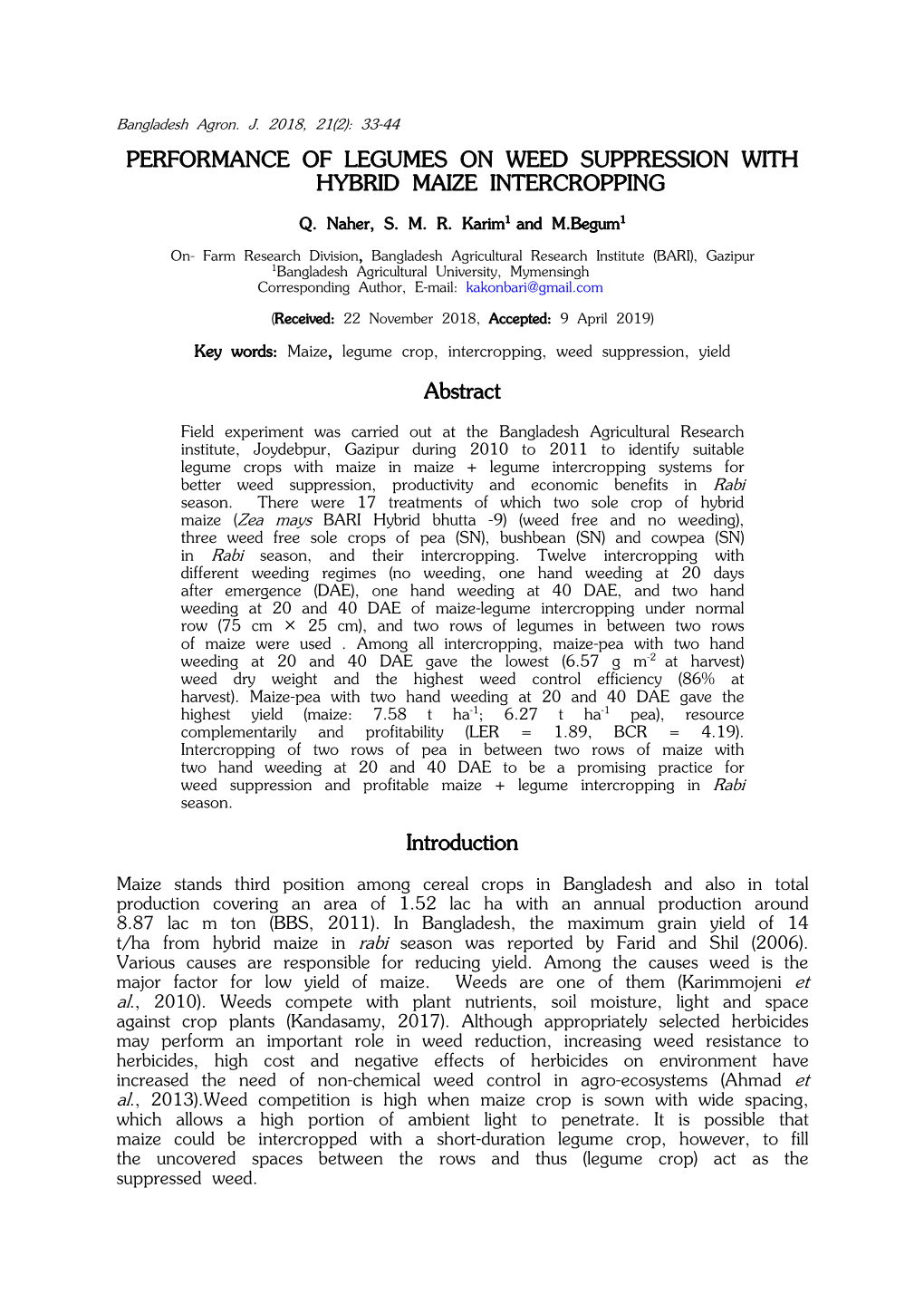 Performance of Legumes on Weed Suppression with Hybrid Maize Intercropping