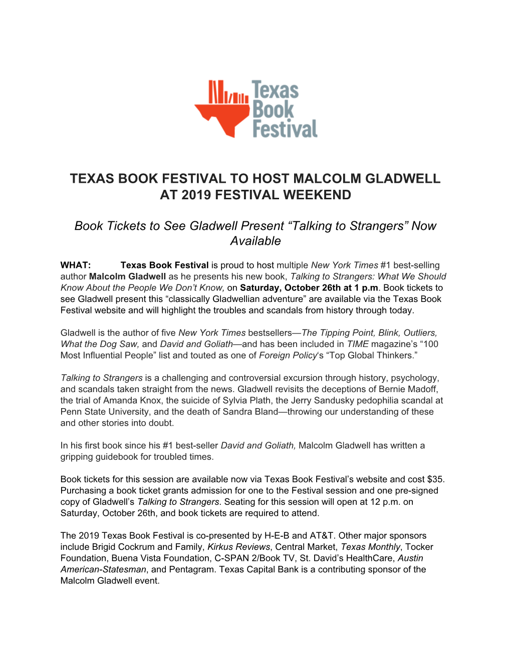 Texas Book Festival to Host Malcolm Gladwell at 2019 Festival Weekend