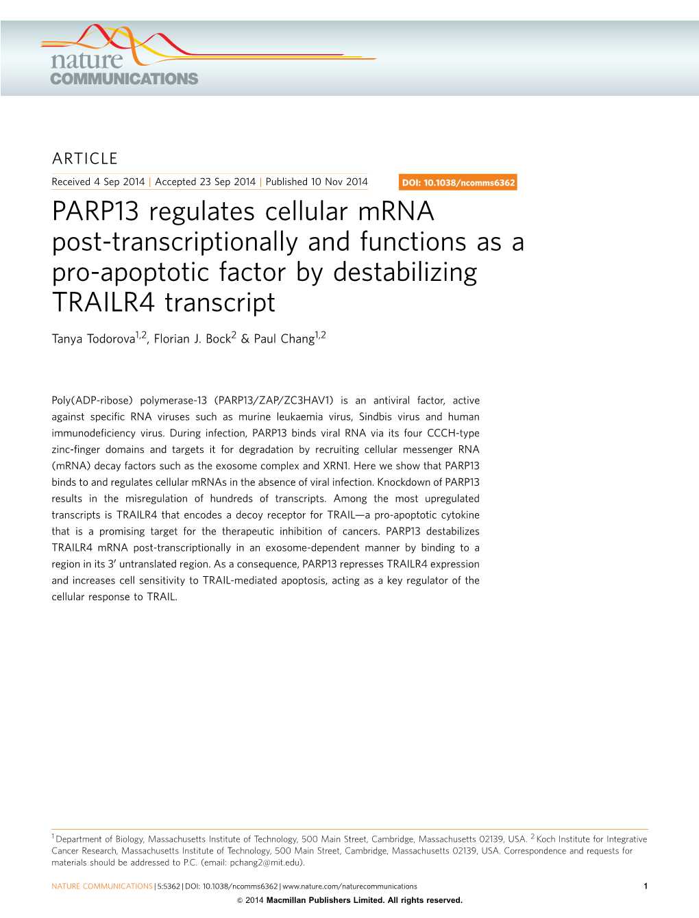 PARP13 Regulates Cellular Mrna Post-Transcriptionally and Functions As a Pro-Apoptotic Factor by Destabilizing TRAILR4 Transcript