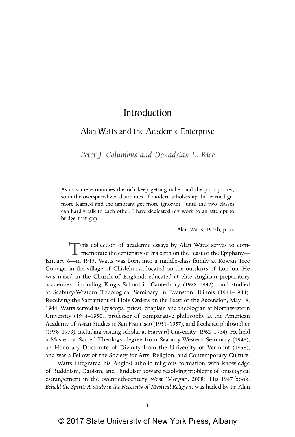 Introduction Alan Watts and the Academic Enterprise