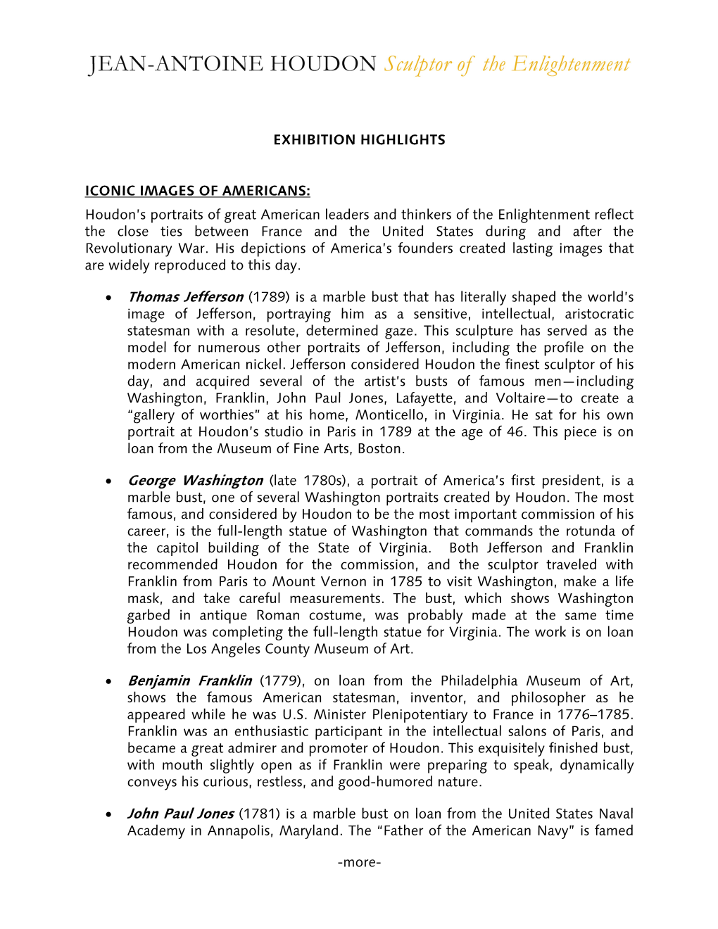 More- EXHIBITION HIGHLIGHTS ICONIC IMAGES of AMERICANS: Houdon's Portraits of Great American Leaders and Thinkers of the Enli