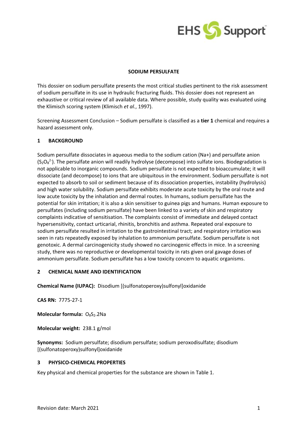 Revision Date: March 2021 1 SODIUM PERSULFATE This Dossier On