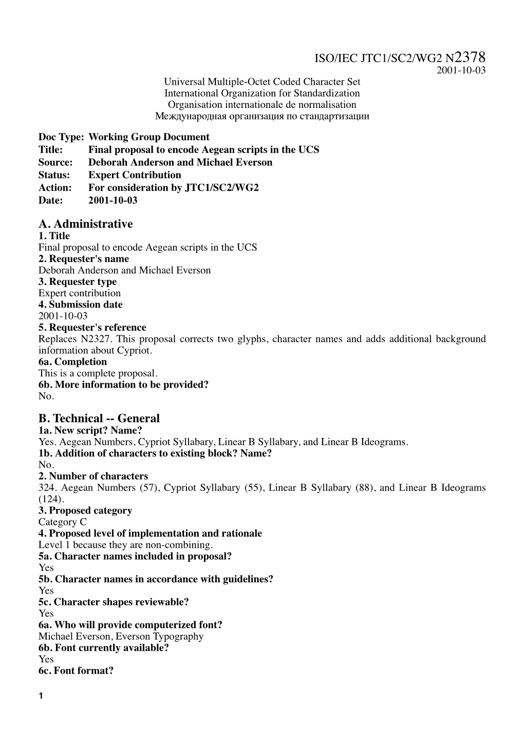 Iso/Iec Jtc1/Sc2/Wg2 N2378 A