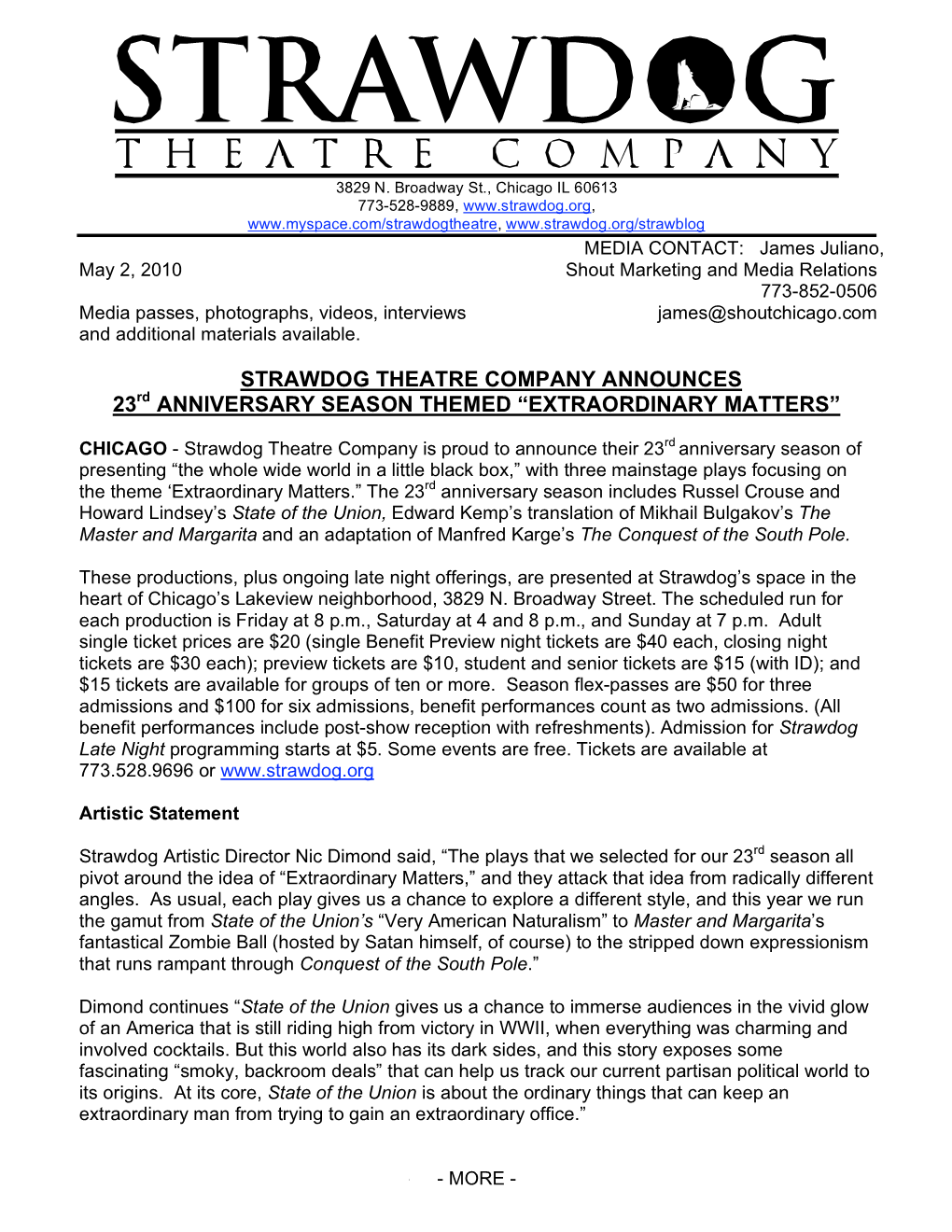 STRAWDOG THEATRE COMPANY ANNOUNCES 23Rd ANNIVERSARY SEASON THEMED “EXTRAORDINARY MATTERS”