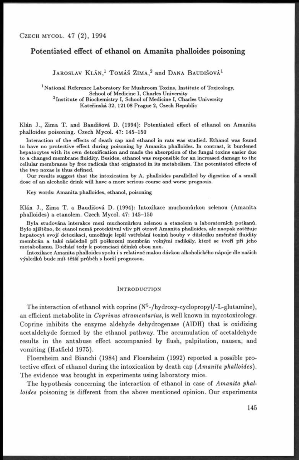 Potentiated Effect of Ethanol on Amanita Phalloides Poisoning