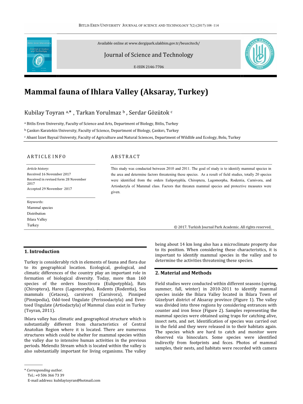 Mammal Fauna of Ihlara Valley (Aksaray, Turkey)