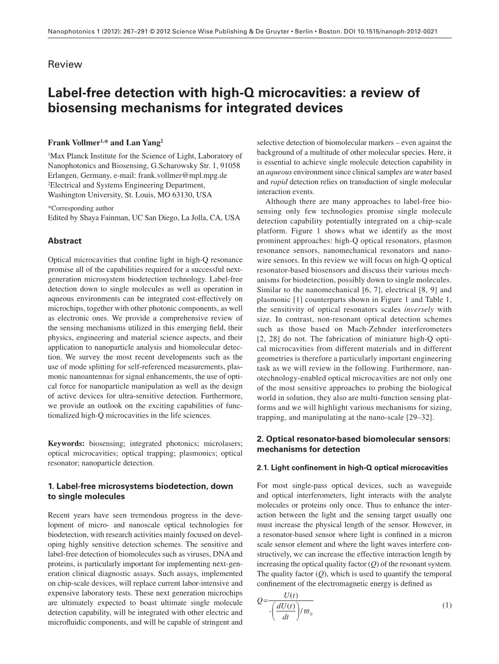 Label-Free Detection with High-Q Microcavities: a Review of Biosensing Mechanisms for Integrated Devices