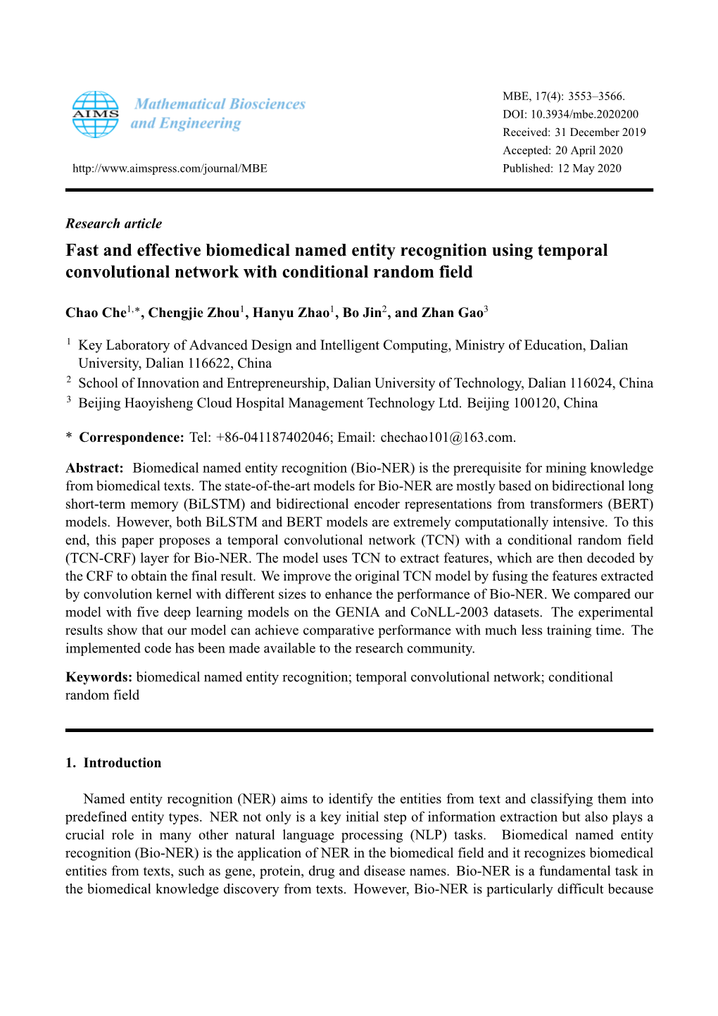 Fast and Effective Biomedical Named Entity Recognition Using Temporal Convolutional Network with Conditional Random Field