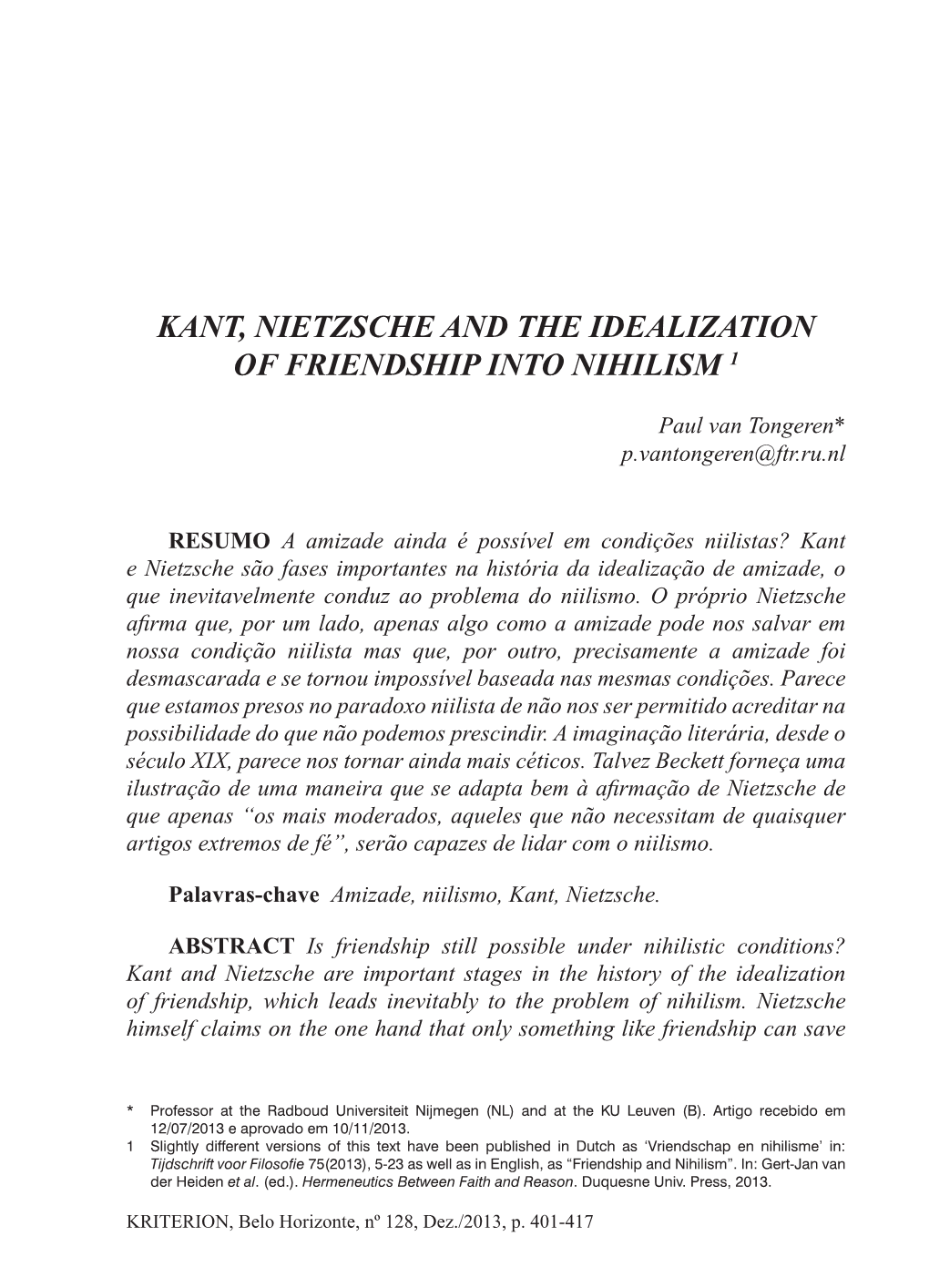 Kant, Nietzsche and the Idealization of Friendship Into Nihilism 1
