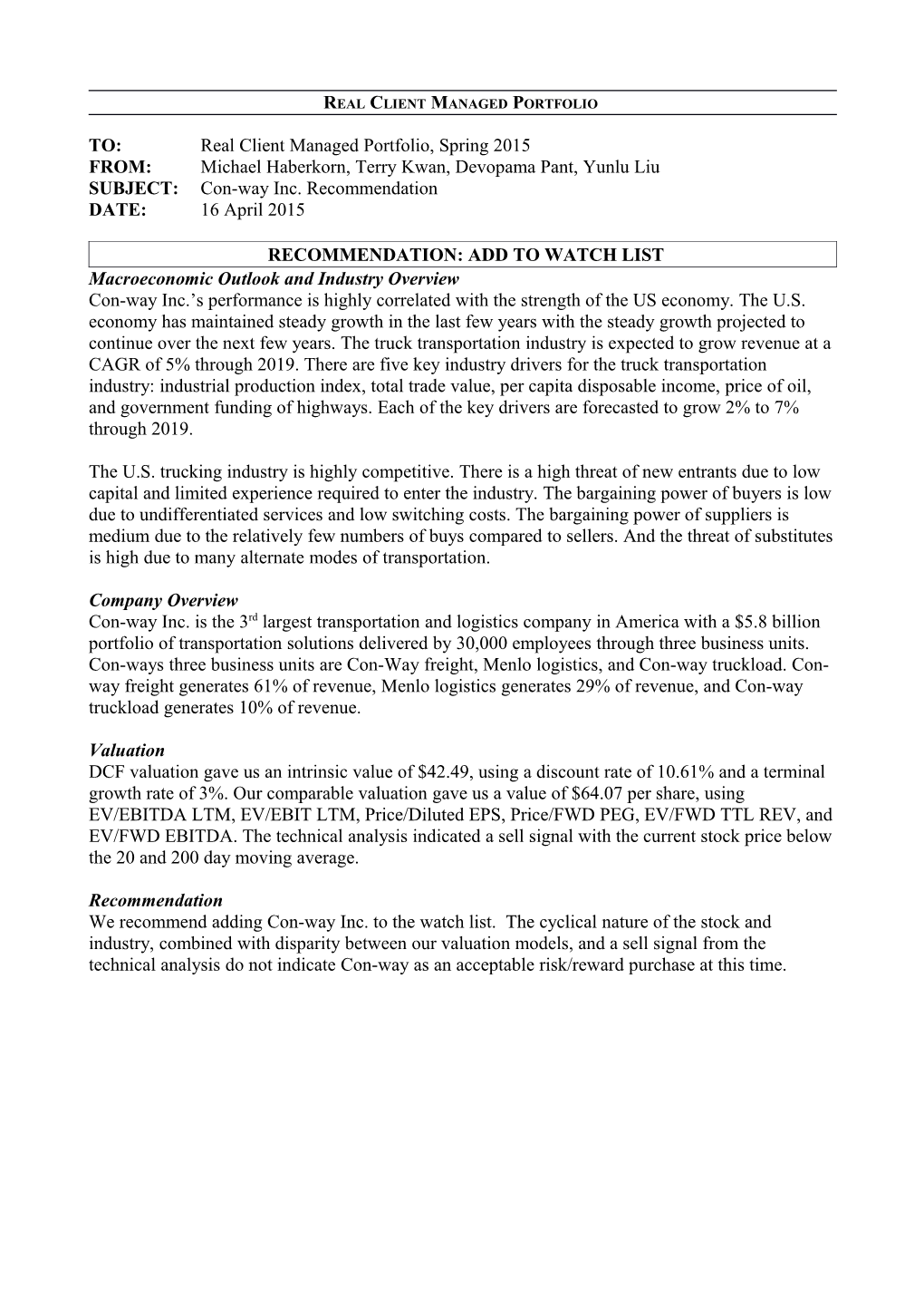 Real Client Managed Portfolio Memorandum