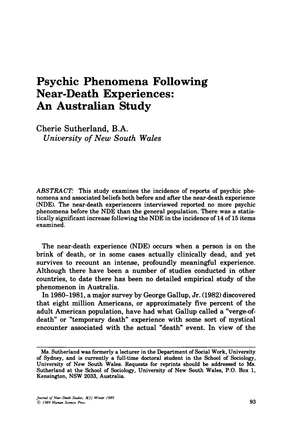 Psychic Phenomena Following Near-Death Experiences: an Australian Study