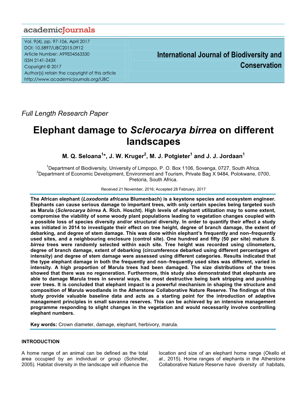 Elephant Damage to Sclerocarya Birrea on Different Landscapes