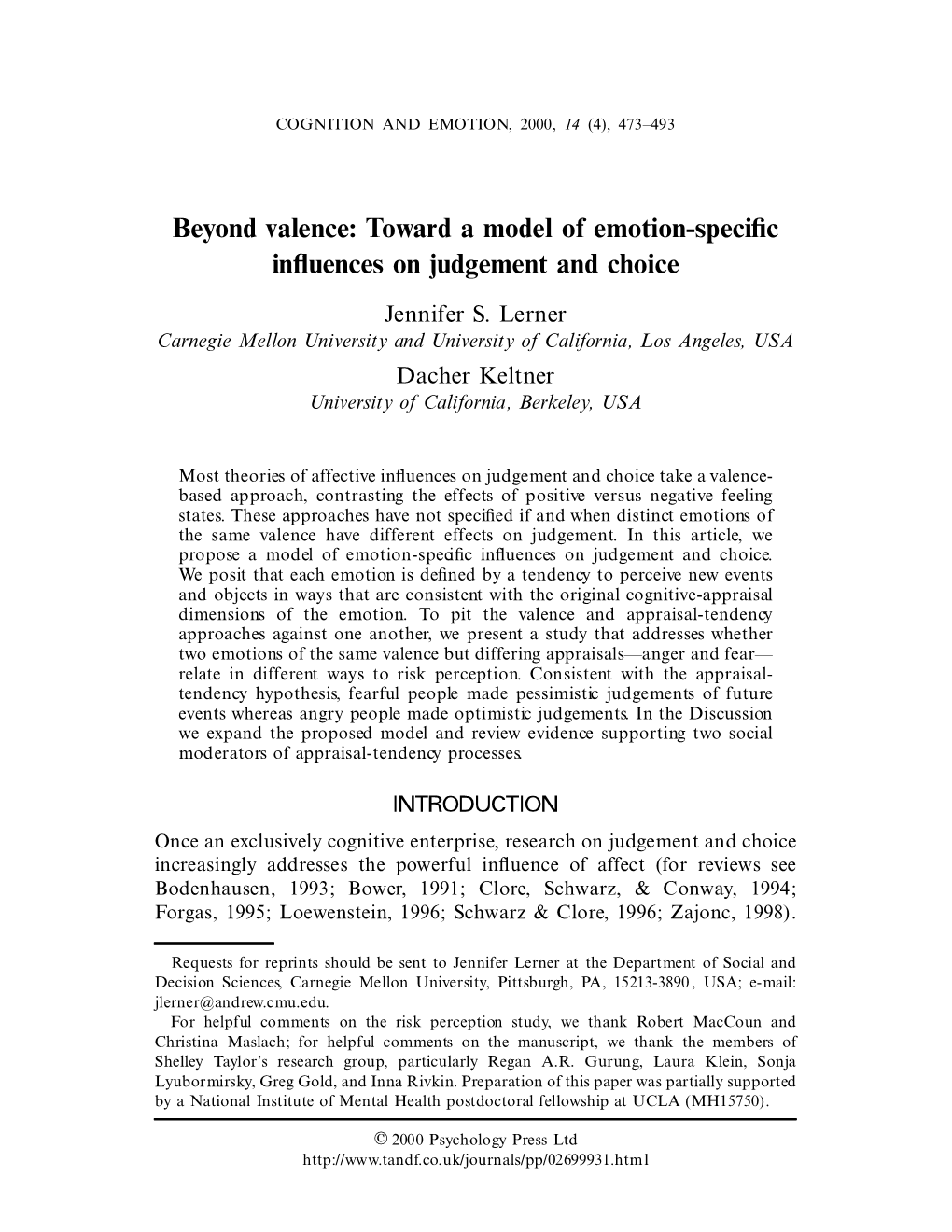 Toward a Model of Emotion-Speci®C In¯Uences on Judgement and Choice