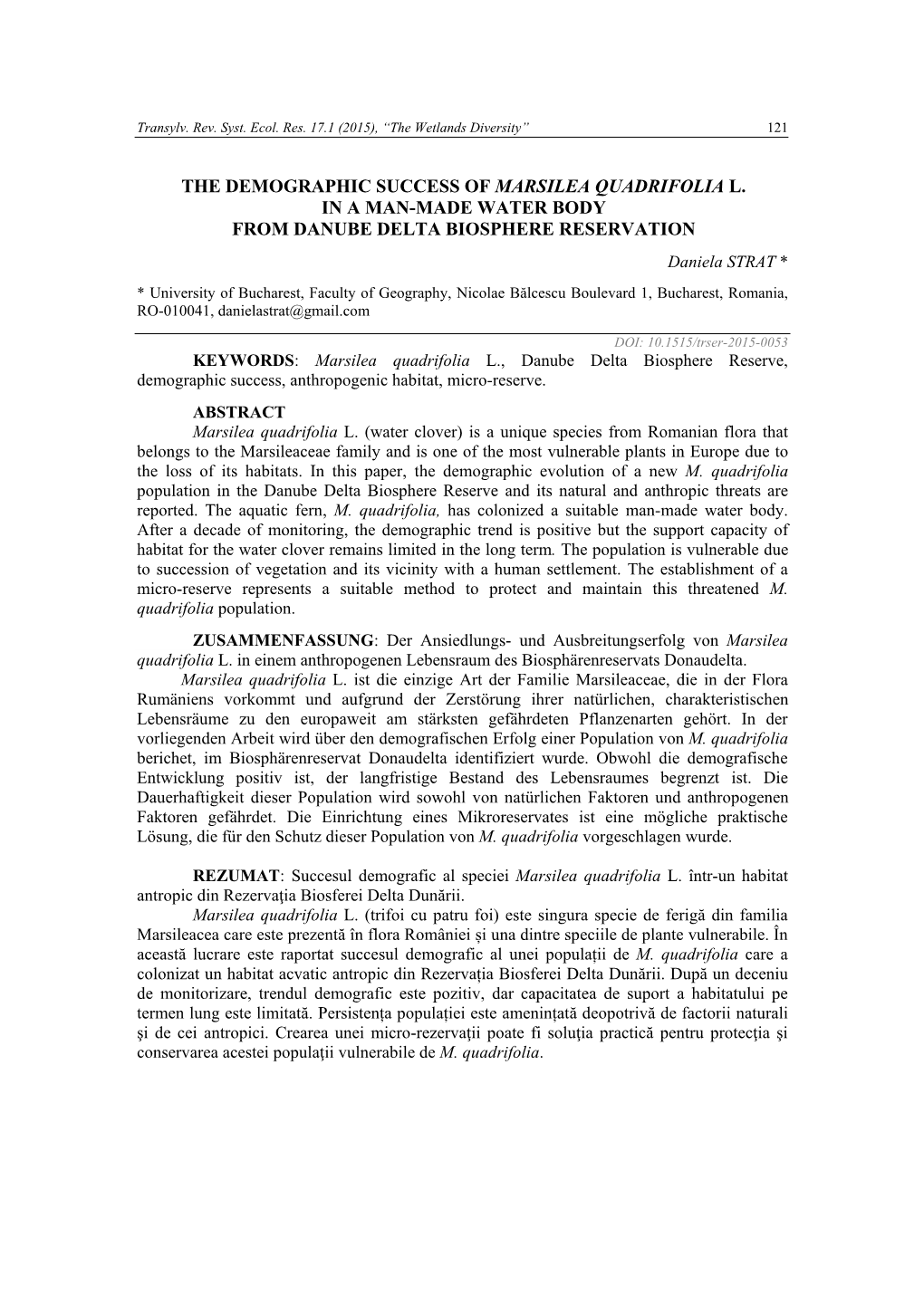 The Demographic Success of Marsilea Quadrifolia L. in a Man-Made Water Body from Danube Delta Biosphere Reservation