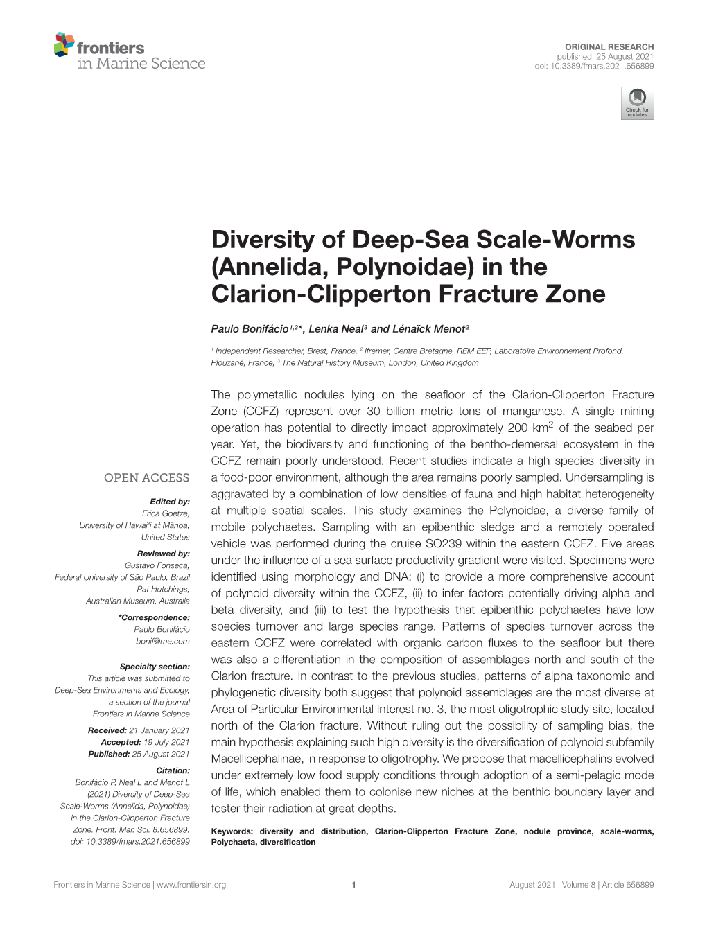 Diversity of Deep-Sea Scale-Worms (Annelida, Polynoidae) in the Clarion-Clipperton Fracture Zone