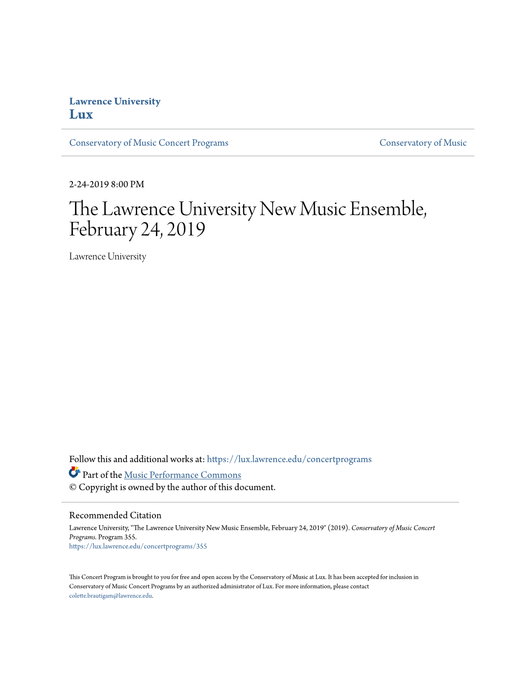 The Lawrence University New Music Ensemble, February 24, 2019 Lawrence University